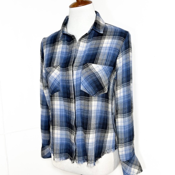 Anthropologie Blue Plaid High Low Fringe Hem Roll Sleeve Buttondown Shirt - Picture 6 of 12